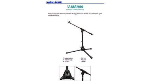 Voice Kraft V-MS009 Alacsony mikrofon állvány(50 cm), teleszkópos gémmel, fekete
