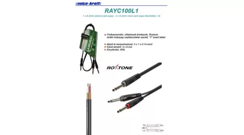 RAYC100L1 6,3 Sztereó Jack - 2x6,3Monó Jack kábel, 1m