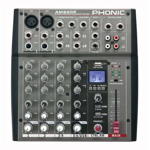 Phonic AM220P Keverőpult, 2 Monó/2 Sztereó csatorna, USB lejátszó