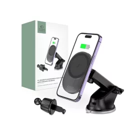   Tech-Protect MM15W-V1 Qi vezeték nélküli autós tartó/gyorstöltő szellőzőrácsba/műszerfalra - fekete
