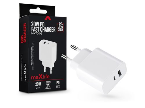 Maxlife MXTC-06 PD+QC 20W hálózati gyorstöltő adapter USB + Type-C - fehér