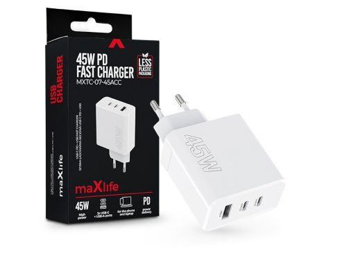 Maxlife MXTC-07-45ACC PD+QC 45W hálózati gyorstöltő adapter 2xType-C + USB -    fehér