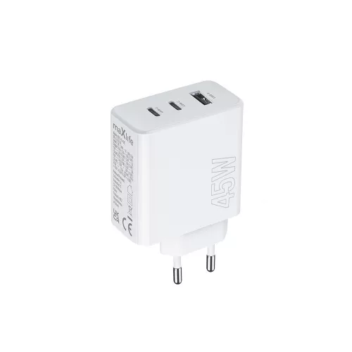 Maxlife MXTC-07-45ACC PD+QC 45W hálózati gyorstöltő adapter 2xType-C + USB - fehér