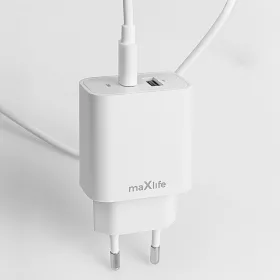   Maxlife MXTC-06 PD+QC 20W hálózati gyorstöltő adapter USB + Type-C + Type-C/Type-C kábel - fehér