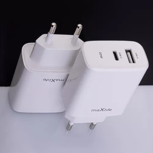 Maxlife MXTC-06 PD+QC 20W hálózati gyorstöltő adapter Type-C + USB - fehér