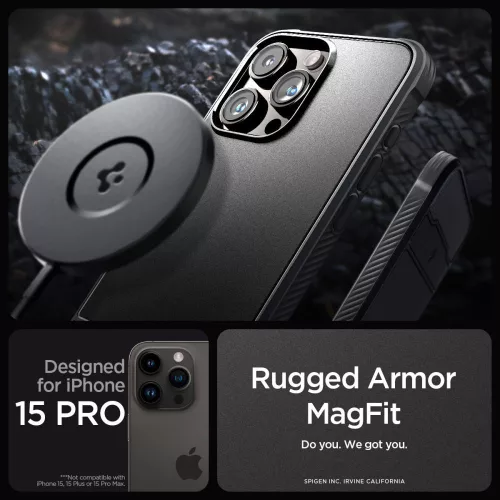 Spigen Rugged Armor MagSafe ütésálló tok - Apple iPhone 15 Pro - fekete