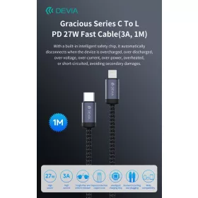   Devia Gracious Series 27W PD Type-C/Lightning adat- és töltőkábel 1m - fekete