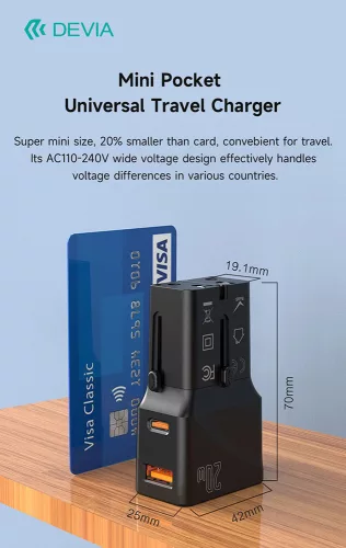 Devia Global 20W PD+QC hálózati gyorstöltő utazó adapter(CN/JP/US/EU/UK/AU) - fekete