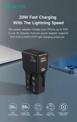 Devia Global 20W PD+QC hálózati gyorstöltő utazó adapter(CN/JP/US/EU/UK/AU) - fekete