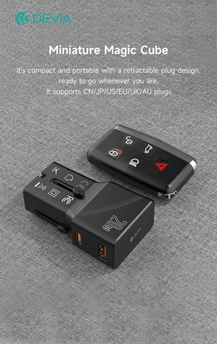 Devia Global 20W PD+QC hálózati gyorstöltő utazó adapter(CN/JP/US/EU/UK/AU) - fekete