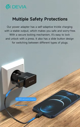 Devia Global 20W PD+QC hálózati gyorstöltő utazó adapter(CN/JP/US/EU/UK/AU) - fekete
