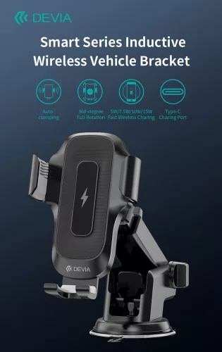 Devia Smart Series 15W vezeték nélküli autós töltő/tartó műszerfalra/szélvédőre - fekete