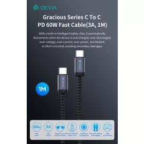   Devia Gracious Series 60W PD Type-C/Type-C adat- és töltőkábel 1m - fekete