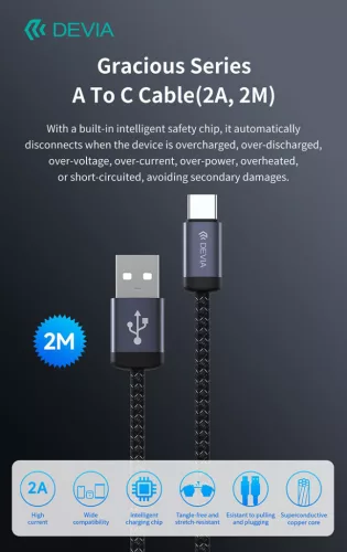 Devia Gracious Series v2 10W USB/Type-C adat-és töltőkábel 2m - fekete