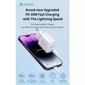   Devia Smart Series 30W GaN PD+QC hálózati gyorstöltő adapter + Type-C/Lightning kábel - fehér
