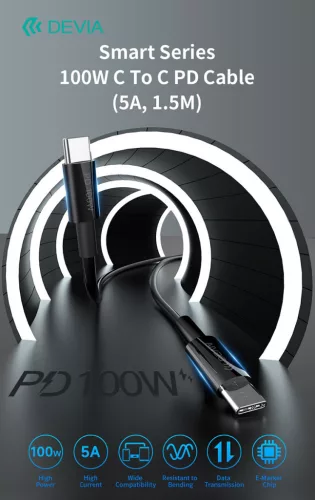 Devia Smart Series 100W Type-C/Type-C adat- és töltőkábel 1,5m - fekete