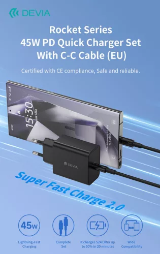 Devia Rocket Series 45W PD+QC hálózati gyorstöltő adapter + Type-C/Type-C kábel - fekete