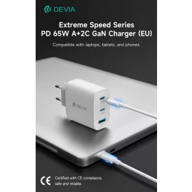   Devia Extreme Speed Series 65W GaN PD hálózati gyorstöltő adapter USB+2xType-C - fehér