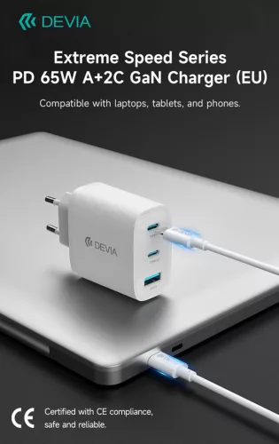 Devia Extreme Speed Series 65W GaN PD hálózati gyorstöltő adapter USB+2xType-C - fehér