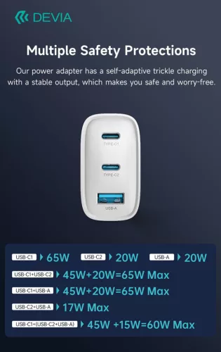 Devia Extreme Speed Series 65W GaN PD hálózati gyorstöltő adapter USB+2xType-C - fehér
