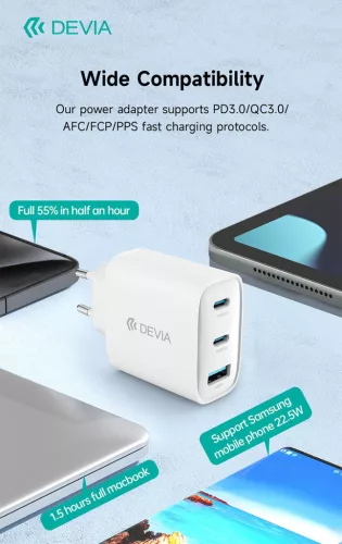 Devia Extreme Speed Series 65W GaN PD hálózati gyorstöltő adapter USB+2xType-C - fehér