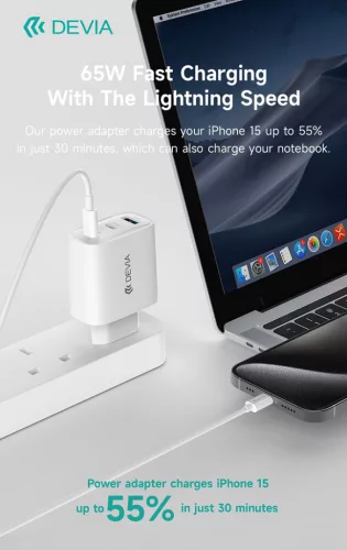 Devia Extreme Speed Series 65W GaN PD hálózati gyorstöltő adapter USB+2xType-C - fehér