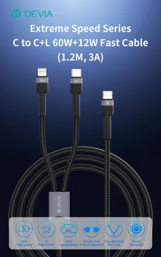 Devia Extreme Speed Series 60W+12W Type-C/Type-C + Lightning adat- és töltőkábel 1.2m - fekete