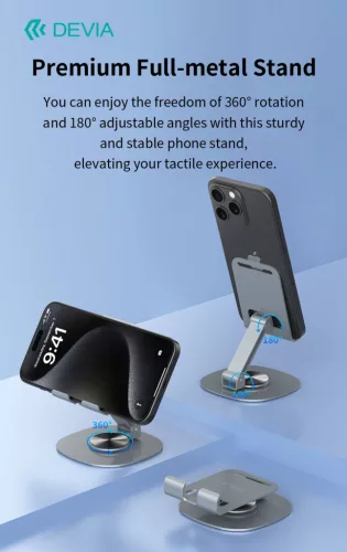 Devia Kintone Series összecsukható asztali 360° fokban elfordítható fém telefon tartó - szürke