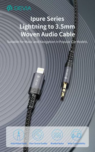 Devia iPure Series Woven AUX 3,5mm jack/Lightning audio kábel 1m - fekete