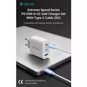   Devia Extreme Speed Series 65W GaN PD hálózati gyorstöltő adapter USB+2xType-C+Type-C kábel - fehér