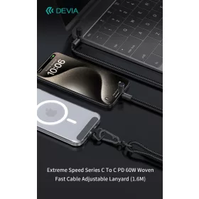   Devia Extreme Speed Series Woven 60W PD Type-C/Type-C adat- és töltőkábel + nyakpánt 1.6m - fekete