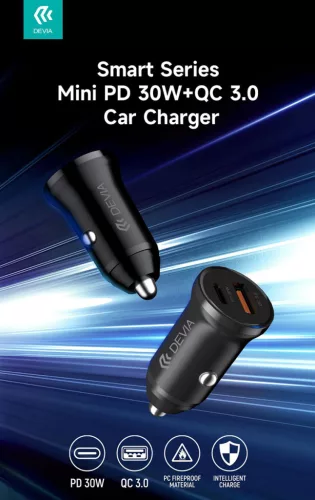 Devia Smart Series Mini 30W PD+QC USB+Type-C autós töltő adapter - fehér