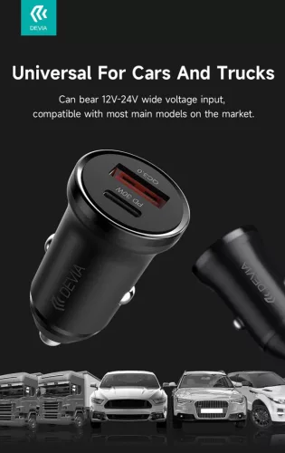 Devia Smart Series Mini 30W PD+QC USB+Type-C autós töltő adapter - fehér