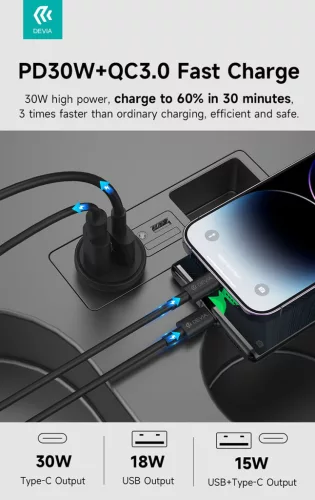 Devia Smart Series Mini 30W PD+QC USB+Type-C autós töltő adapter - fehér