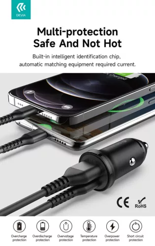 Devia Smart Series Mini 30W PD+QC USB+Type-C autós töltő adapter - fehér