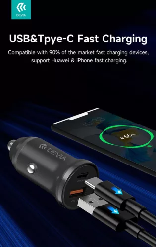 Devia Smart Series Mini 30W PD+QC USB+Type-C autós töltő adapter - fehér