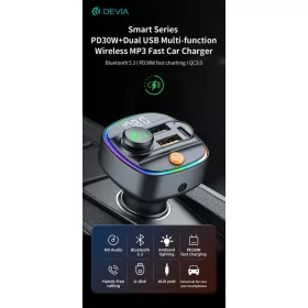   Devia Smart Series Bluetooth FM-transmitter/autós gyorstöltő 30W PD+QC 2xUSB/AUX/MP3 - fekete