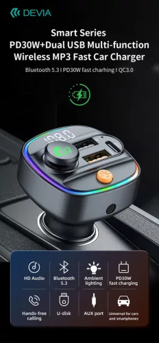 Devia Smart Series Bluetooth FM-transmitter/autós gyorstöltő 30W PD+QC 2xUSB/AUX/MP3 - fekete