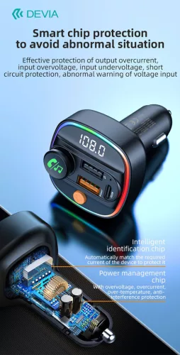 Devia Smart Series Bluetooth FM-transmitter/autós gyorstöltő 30W PD+QC 2xUSB/AUX/MP3 - fekete