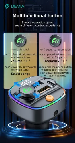 Devia Smart Series Bluetooth FM-transmitter/autós gyorstöltő 30W PD+QC 2xUSB/AUX/MP3 - fekete
