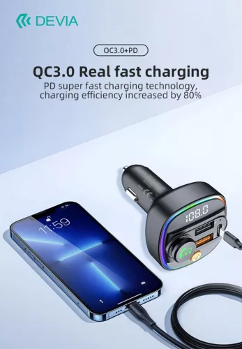 Devia Smart Series Bluetooth FM-transmitter/autós gyorstöltő 30W PD+QC 2xUSB/AUX/MP3 - fekete