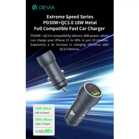   Devia Extreme Speed Series 30W PD+QC autós gyorstöltő USB+Type-C - fekete