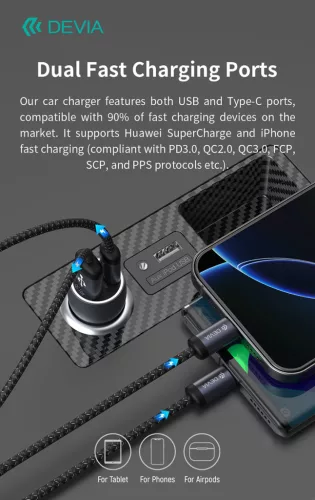 Devia Extreme Speed Series 30W PD+QC autós gyorstöltő USB+Type-C - fekete