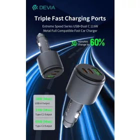   Devia Extreme Speed Series 65W PD+QC autós gyorstöltő USB+2xType-C - fekete