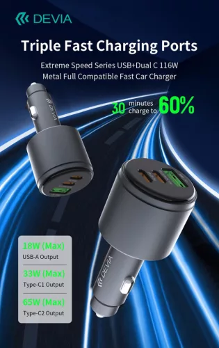 Devia Extreme Speed Series 65W PD+QC autós gyorstöltő USB+2xType-C - fekete