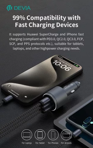 Devia Extreme Speed Series 65W PD+QC autós gyorstöltő USB+2xType-C - fekete