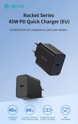 Devia Rocket Series 45W PD hálózati gyorstöltő adapter Type-C - fekete
