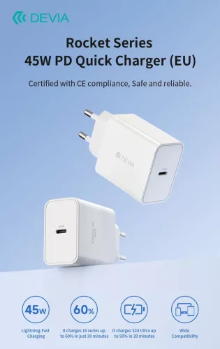 Devia Rocket Series 45W PD hálózati gyorstöltő adapter Type-C - fehér