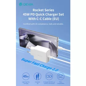   Devia Rocket Series 45W PD+QC hálózati gyorstöltő adapter + Type-C/Type-C kábel - fehér