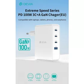   Devia Extreme Speed Series 100W GaN PD hálózati gyorstöltő adapter USB+3xType-C - fehér